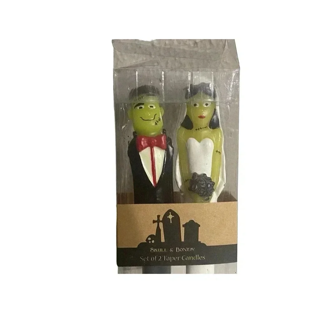 Frankenstein Bride Couple Wedding Halloween Candles Green Monsters Tall 10